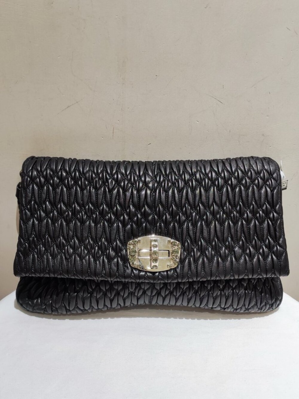 Miu Miu Black Matelassé Lambskin Gem‑Embellished Chain Flap Shoulder Bag
